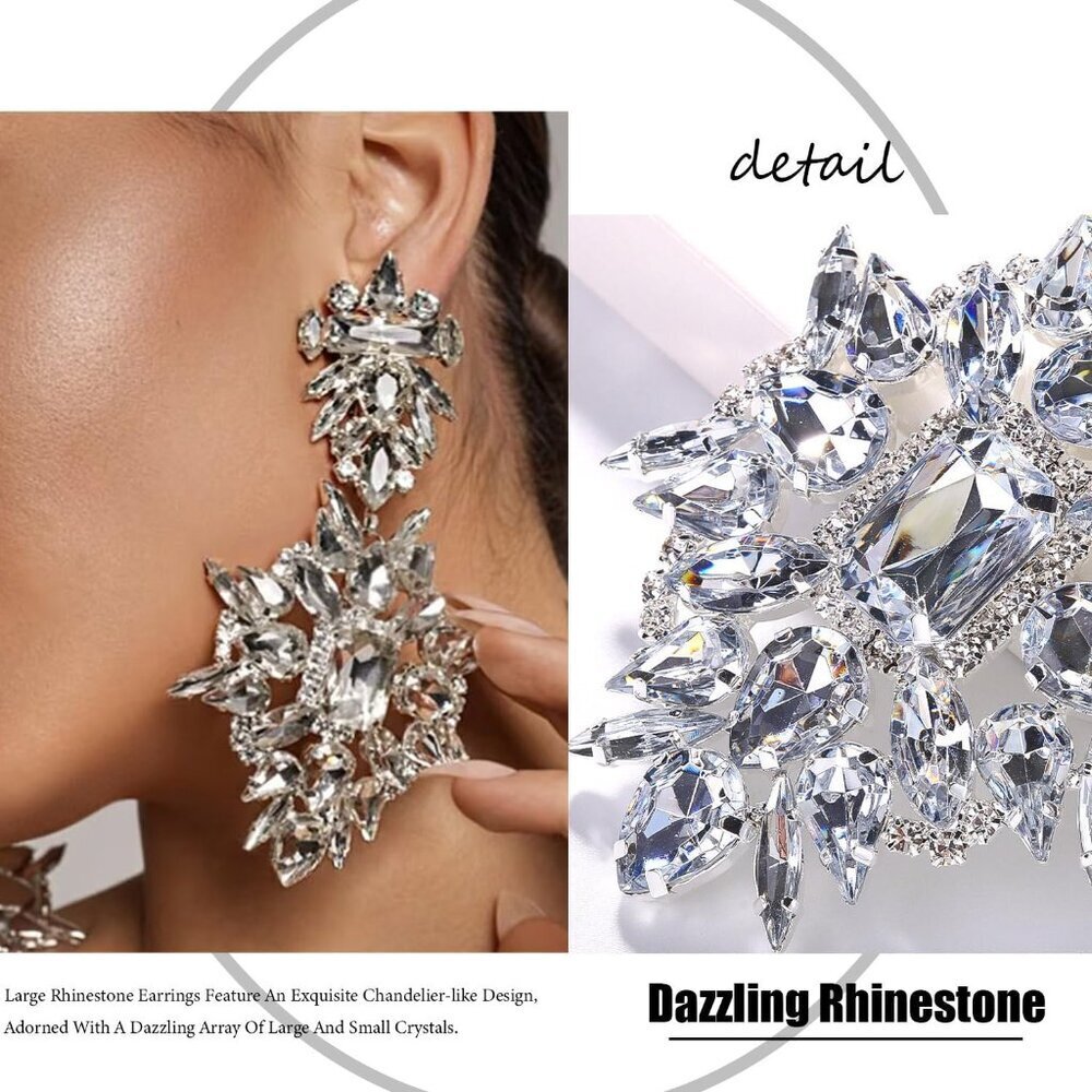 Silver Rhinestone Earrings Large Dangle Statement… - image 4